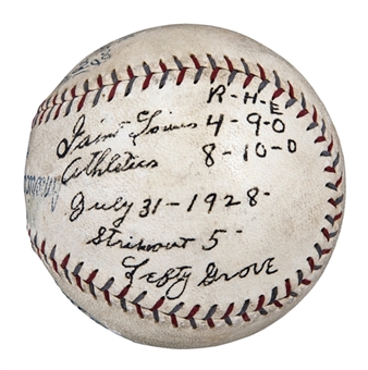 1928 Lefty Grove Game Used, Signed & Inscribed Official E.S. Barnard American League Baseball From 7/31/28 Game For 57th Career Victory & 14th Win of Season (Beckett)